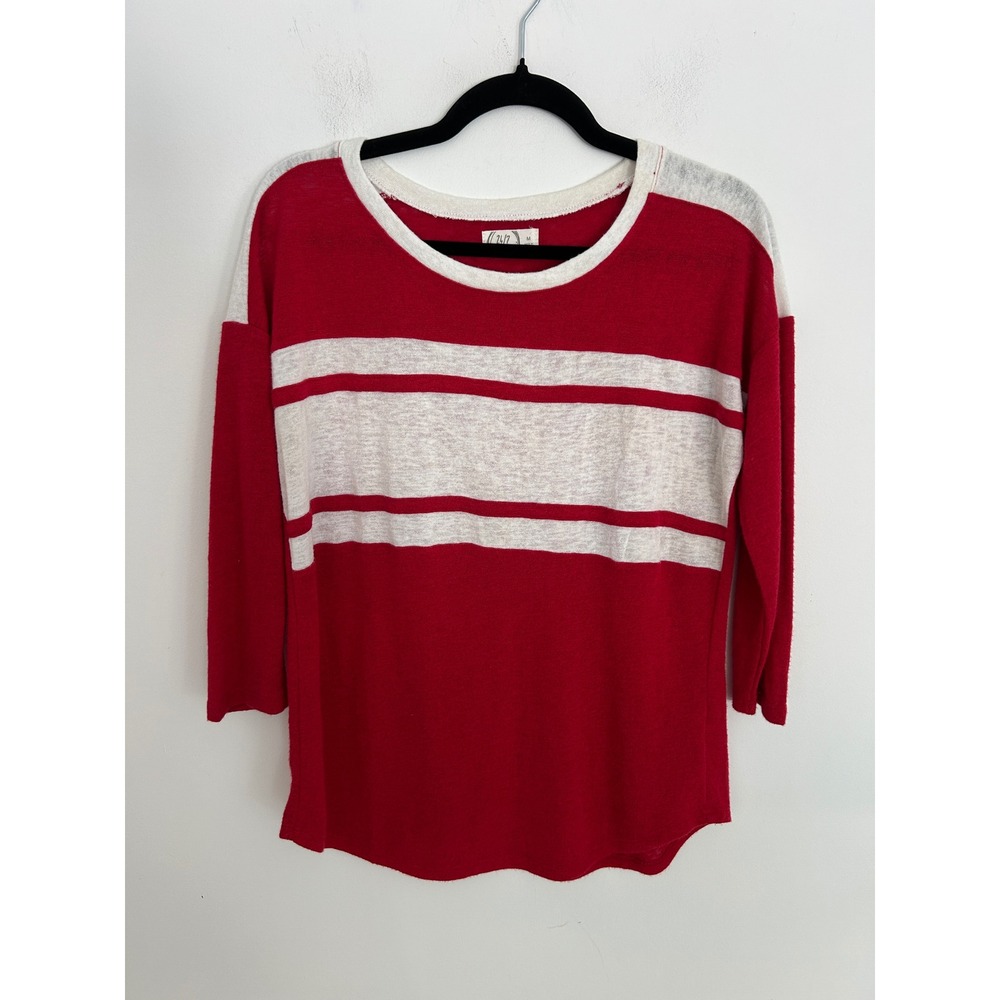 Y2K Maurices 24/7 Womens Red White Striped 3/4 Sleeve Knit Top Size M Crew Neck